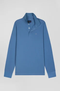 Slim blue long-sleeved cotton piqué polo shirt