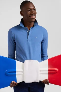 Slim blue long-sleeved cotton piqué polo shirt