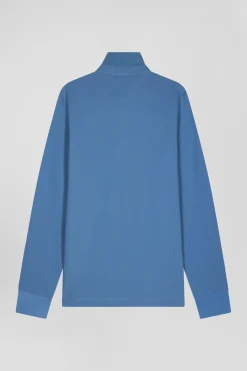 Slim blue long-sleeved cotton piqué polo shirt