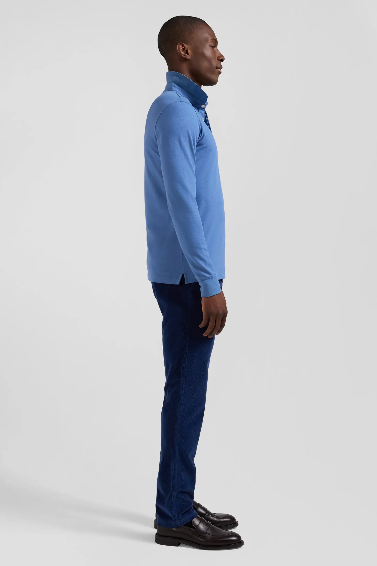 Slim blue long-sleeved cotton piqué polo shirt
