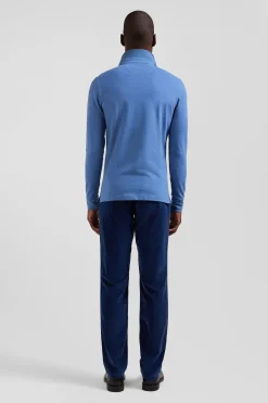 Slim blue long-sleeved cotton piqué polo shirt