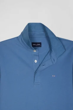 Slim blue long-sleeved cotton piqué polo shirt