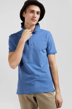 Slim blue short-sleeved stretch cotton polo shirt