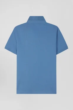 Slim blue short-sleeved stretch cotton polo shirt