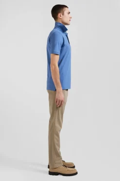 Slim blue short-sleeved stretch cotton polo shirt