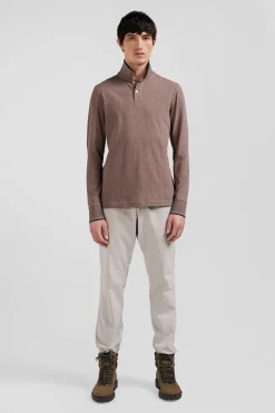 Slim brown long-sleeved stretch cotton polo shirt with striped finishes