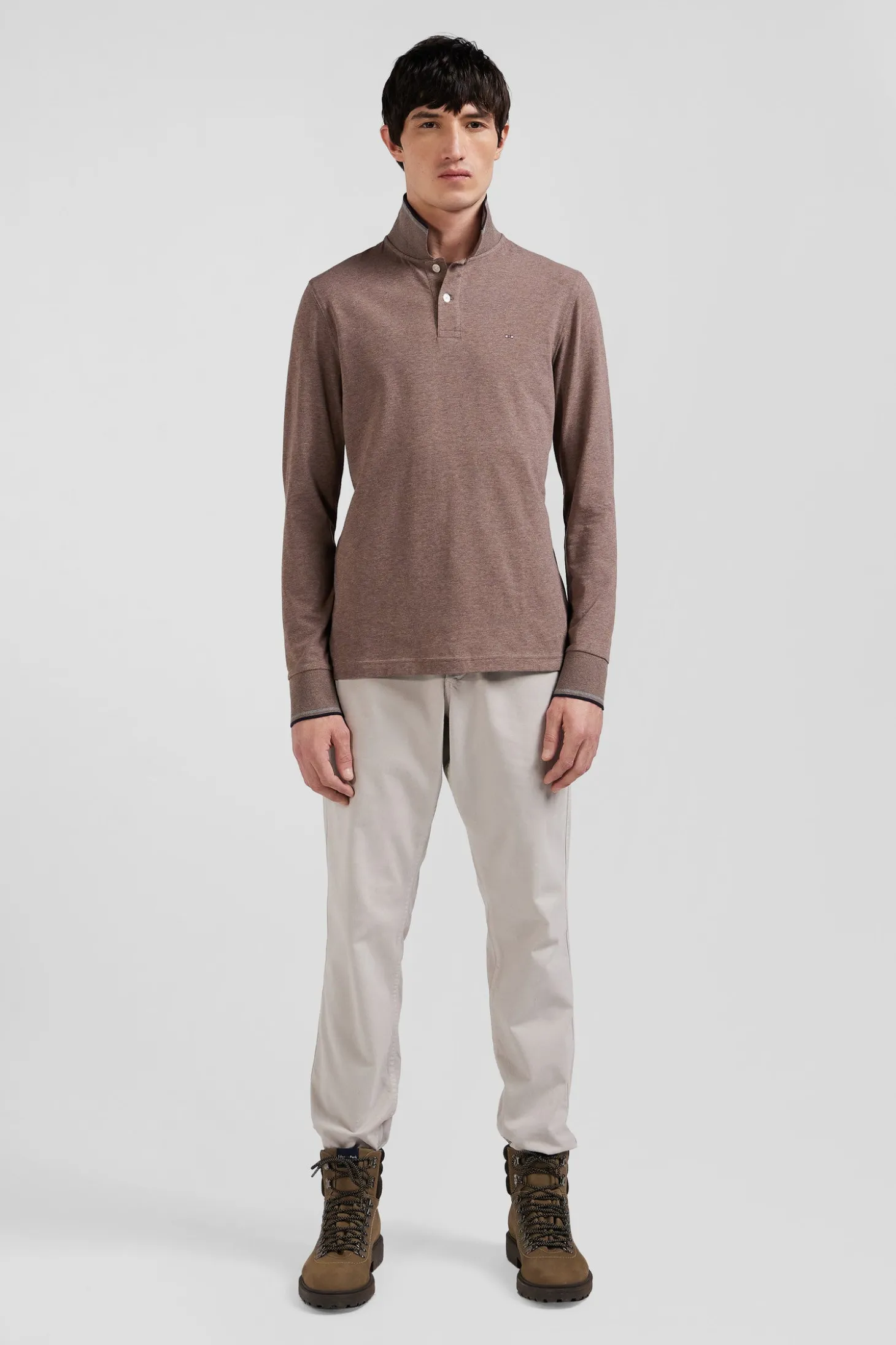 Slim brown long-sleeved stretch cotton polo shirt with striped finishes