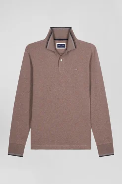 Slim brown long-sleeved stretch cotton polo shirt with striped finishes