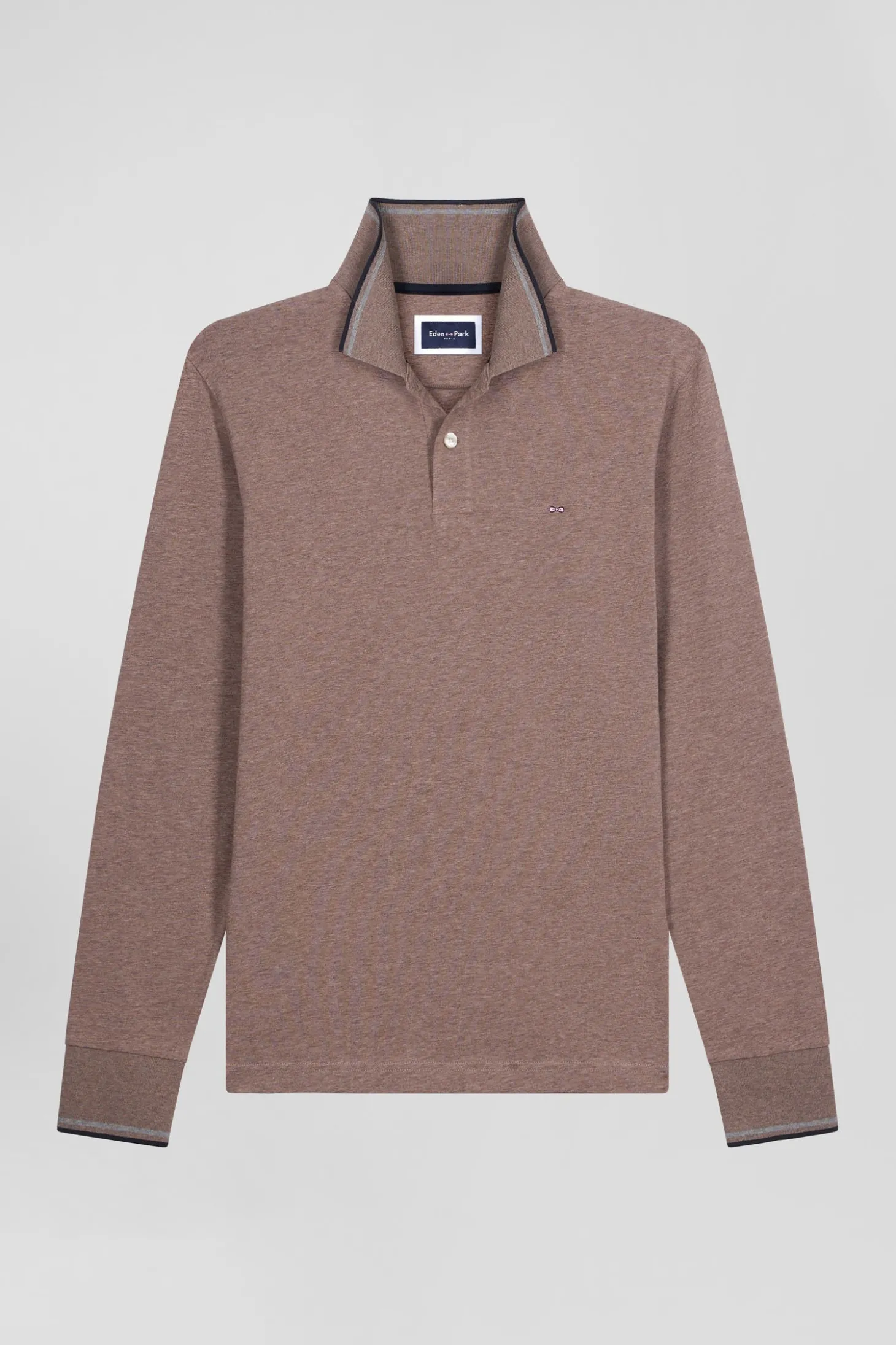Slim brown long-sleeved stretch cotton polo shirt with striped finishes