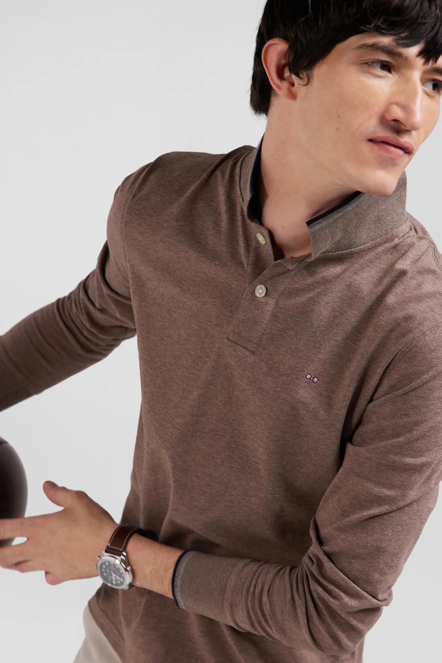 Slim brown long-sleeved stretch cotton polo shirt with striped finishes