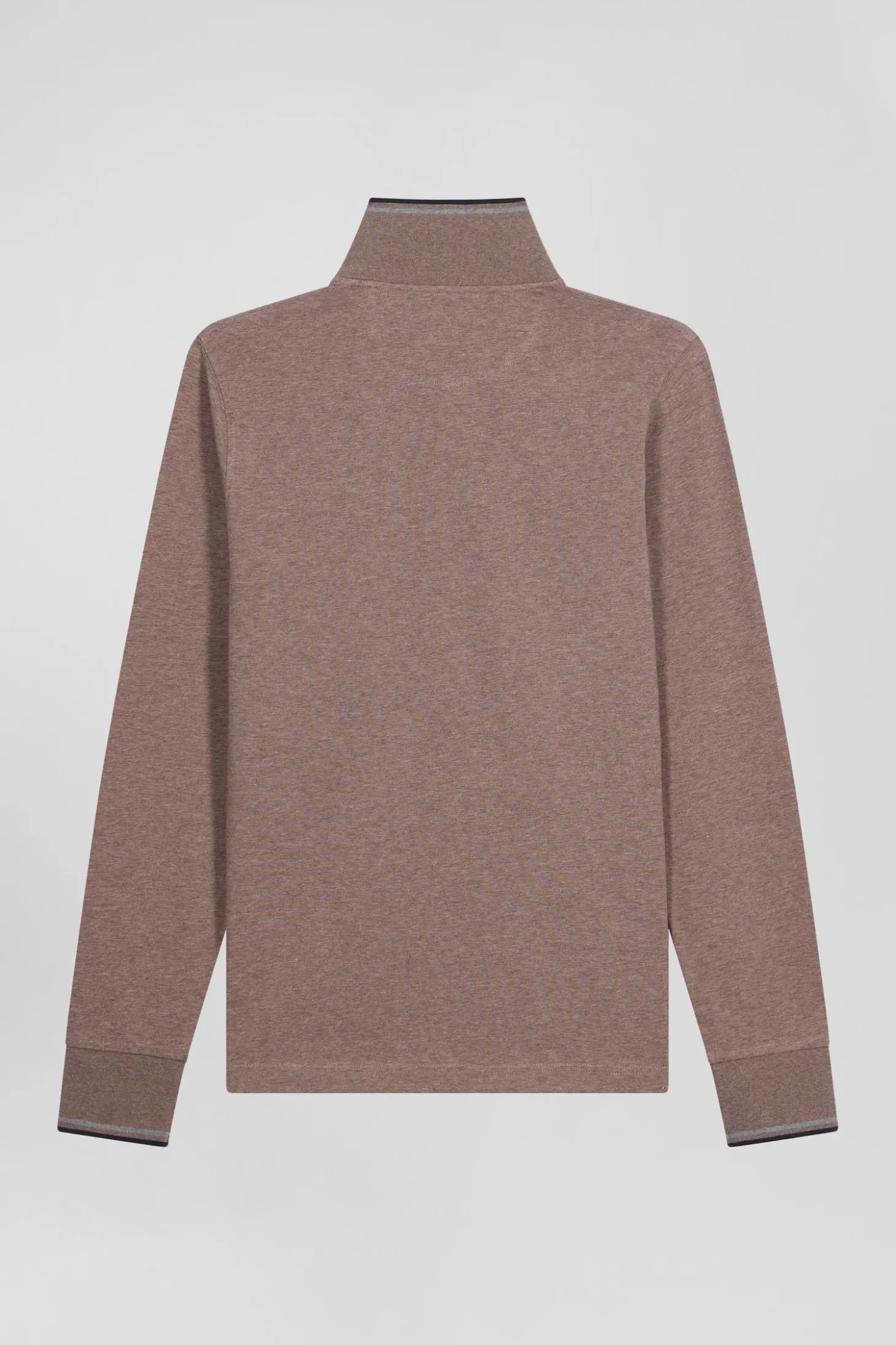 Slim brown long-sleeved stretch cotton polo shirt with striped finishes