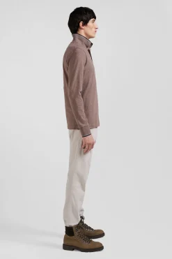 Slim brown long-sleeved stretch cotton polo shirt with striped finishes