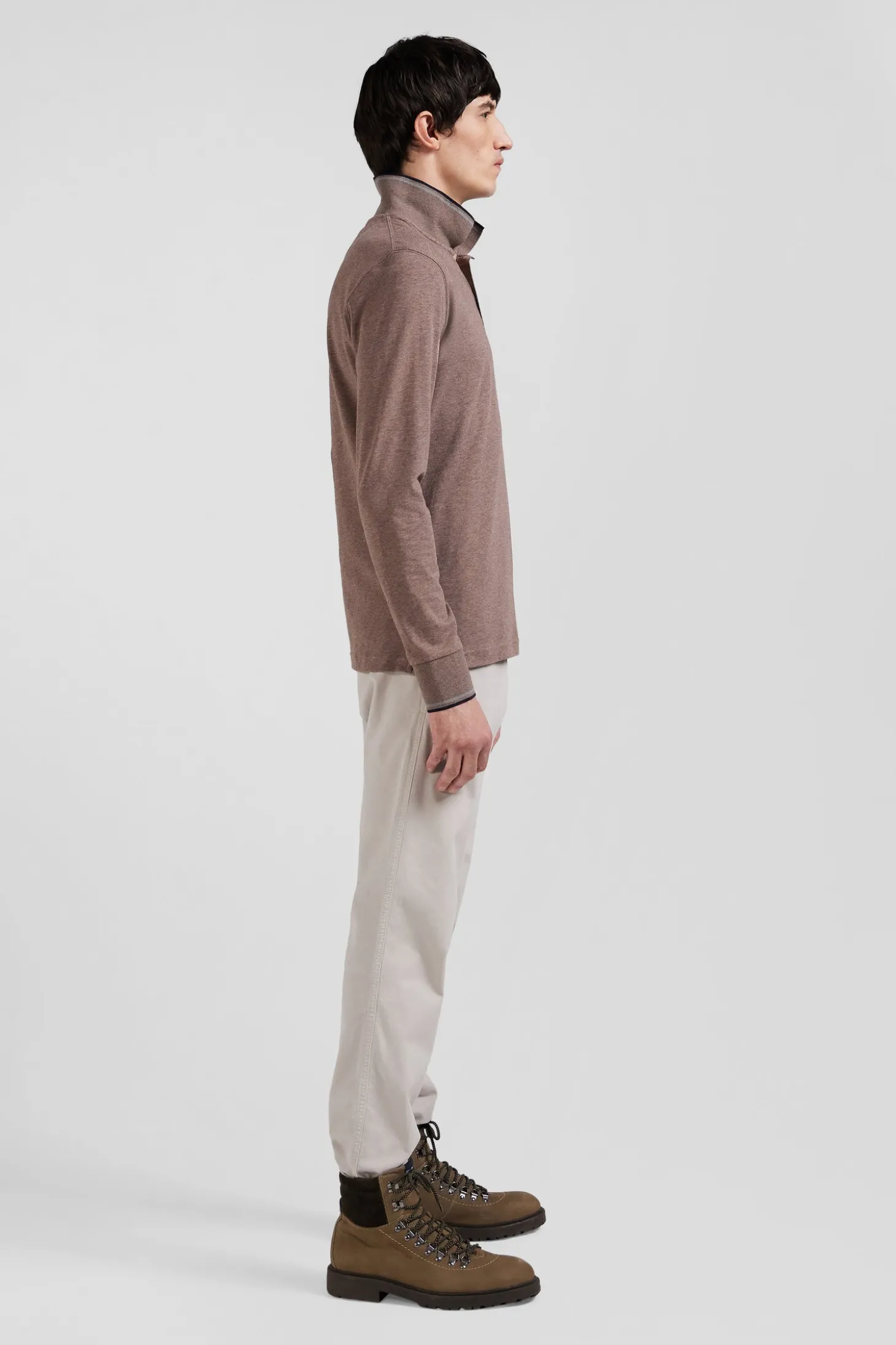 Slim brown long-sleeved stretch cotton polo shirt with striped finishes