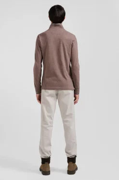 Slim brown long-sleeved stretch cotton polo shirt with striped finishes