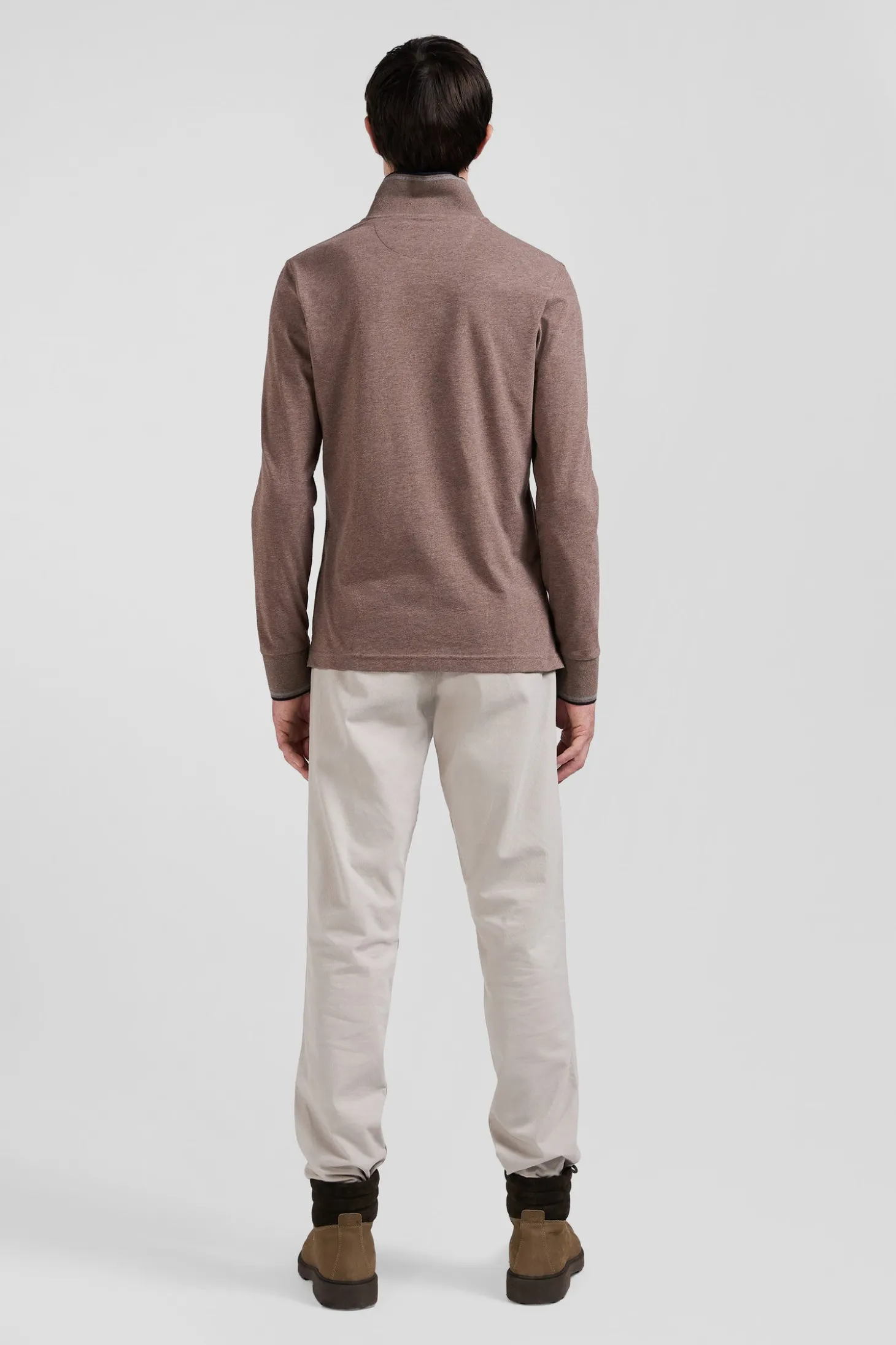 Slim brown long-sleeved stretch cotton polo shirt with striped finishes