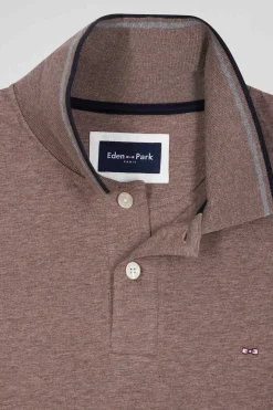 Slim brown long-sleeved stretch cotton polo shirt with striped finishes
