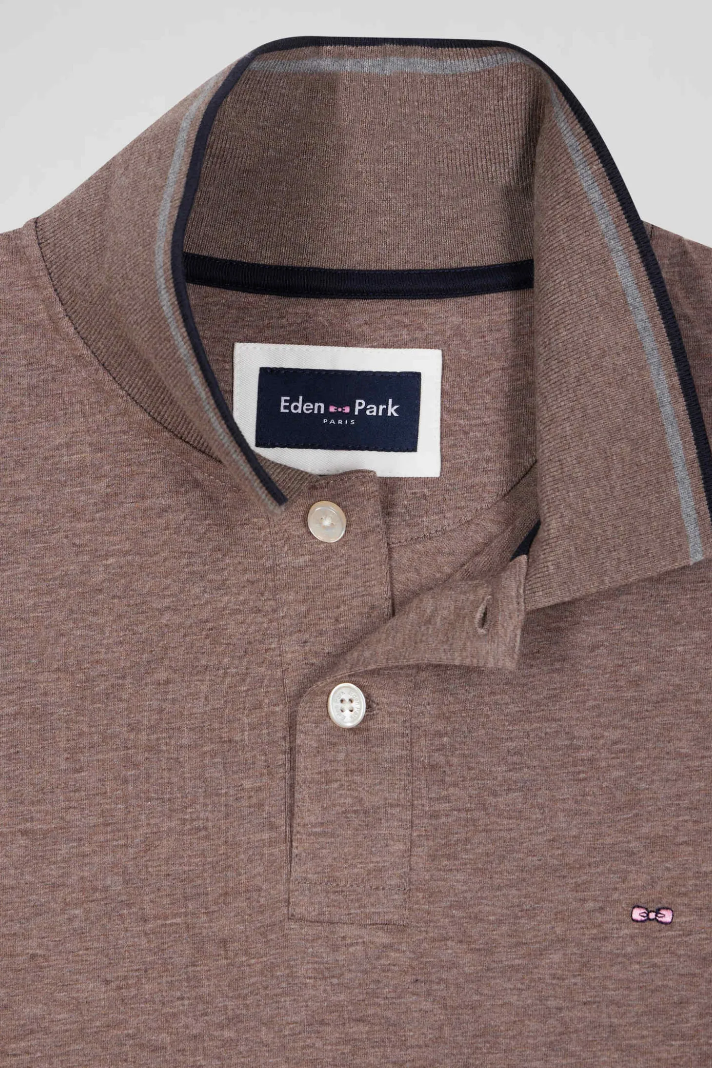 Slim brown long-sleeved stretch cotton polo shirt with striped finishes