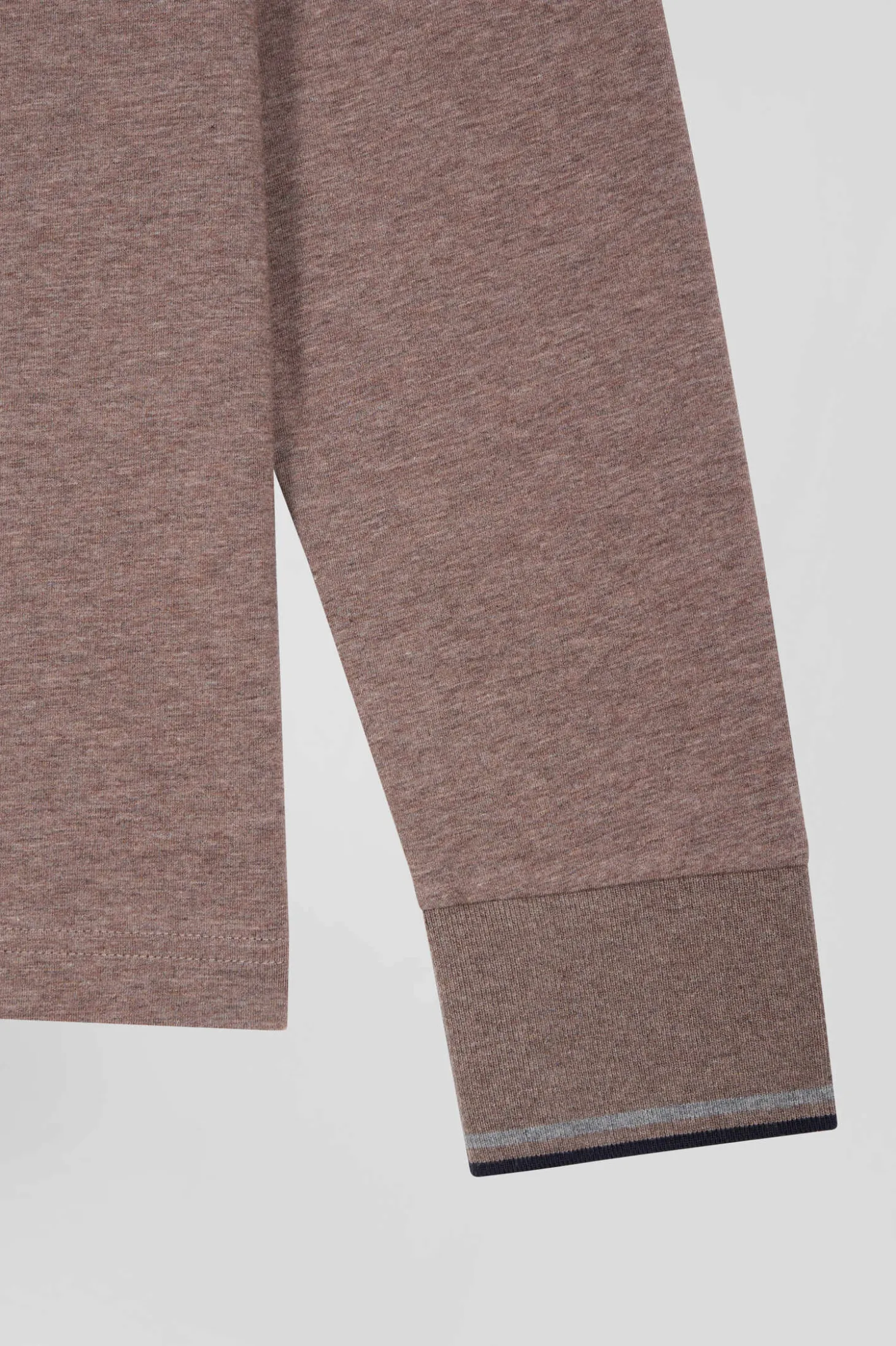 Slim brown long-sleeved stretch cotton polo shirt with striped finishes