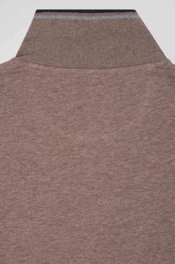 Slim brown long-sleeved stretch cotton polo shirt with striped finishes