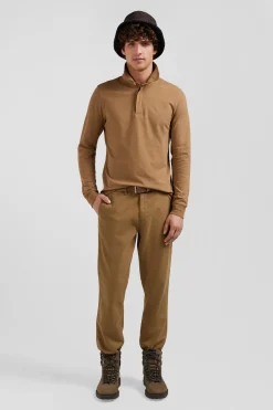 Slim camel long-sleeved cotton piqué polo shirt