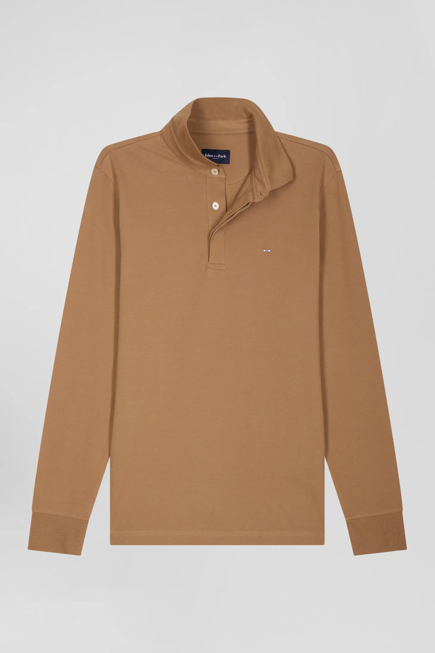 Slim camel long-sleeved cotton piqué polo shirt