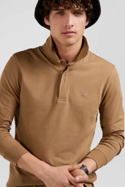 Slim camel long-sleeved cotton piqué polo shirt