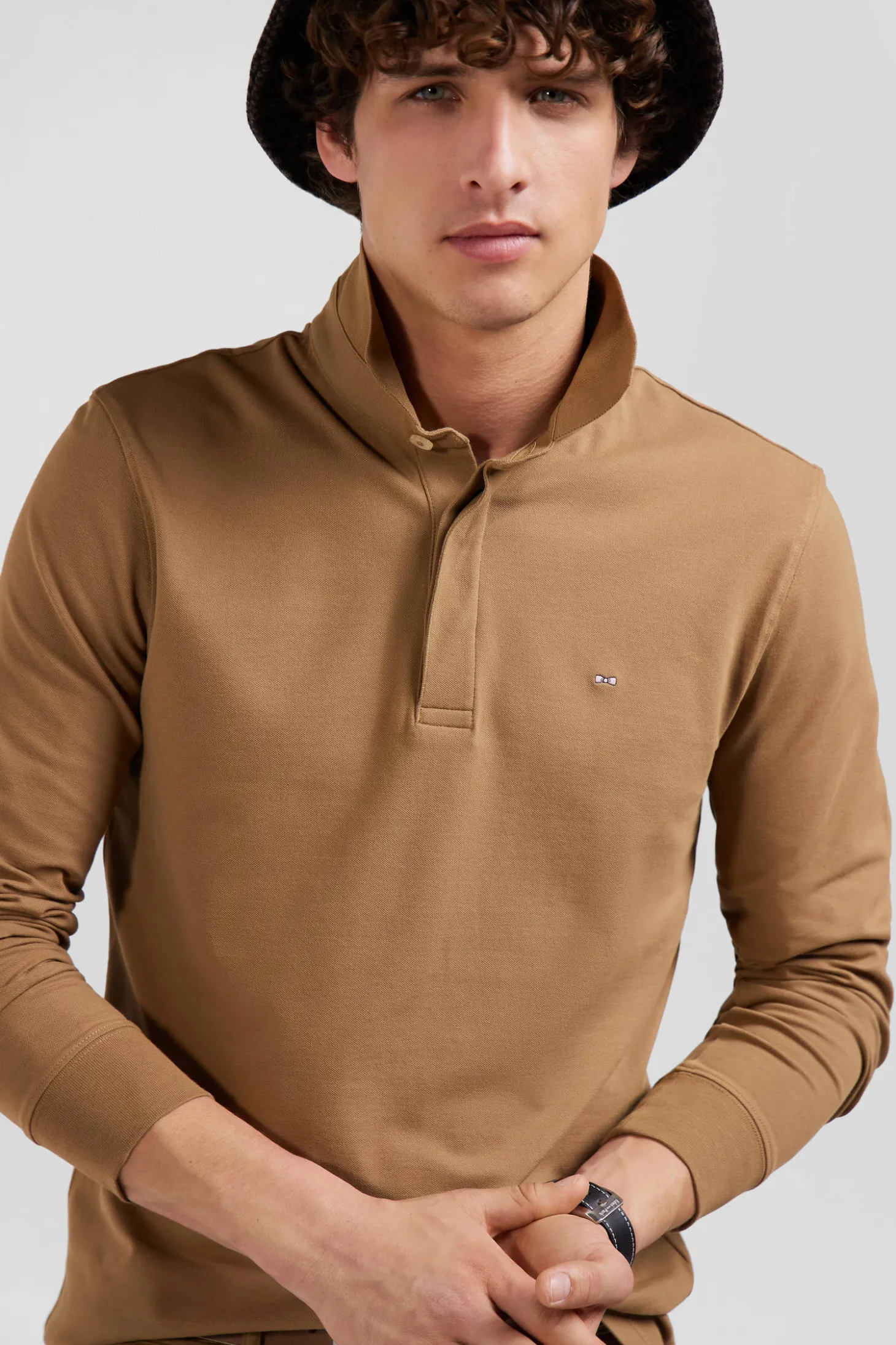 Slim camel long-sleeved cotton piqué polo shirt