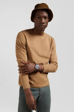 Slim camel long-sleeved cotton T-shirt
