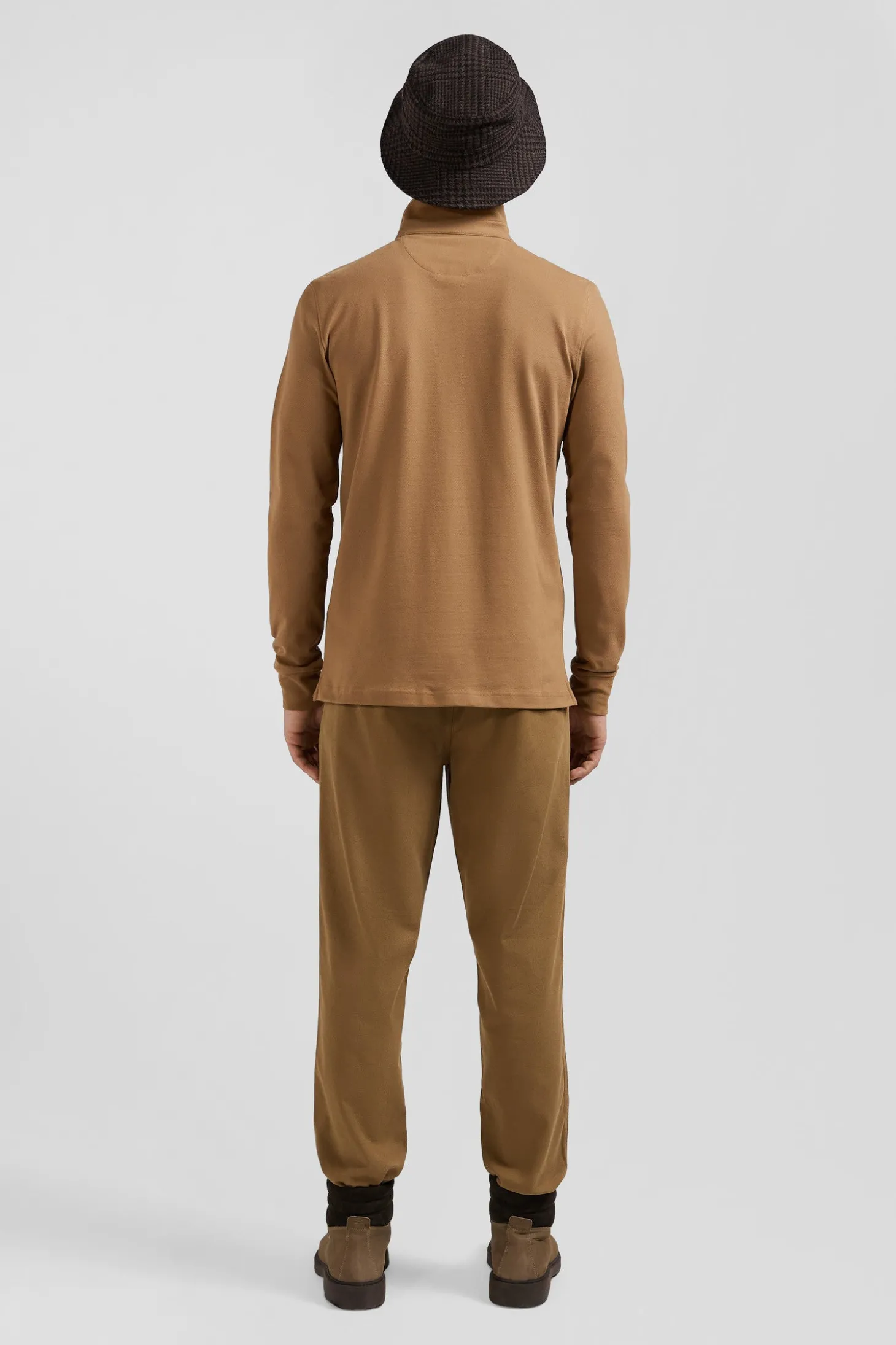 Slim camel long-sleeved cotton piqué polo shirt