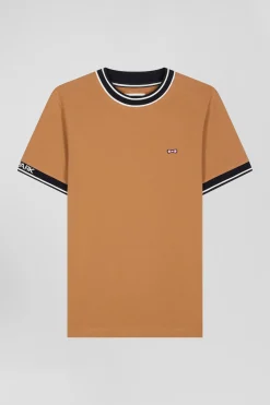 Slim camel short-sleeved cotton T-shirt with Eden Park ribs