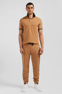 Slim camel short-sleeved stretch cotton polo shirt with Eden Park jacquard collar