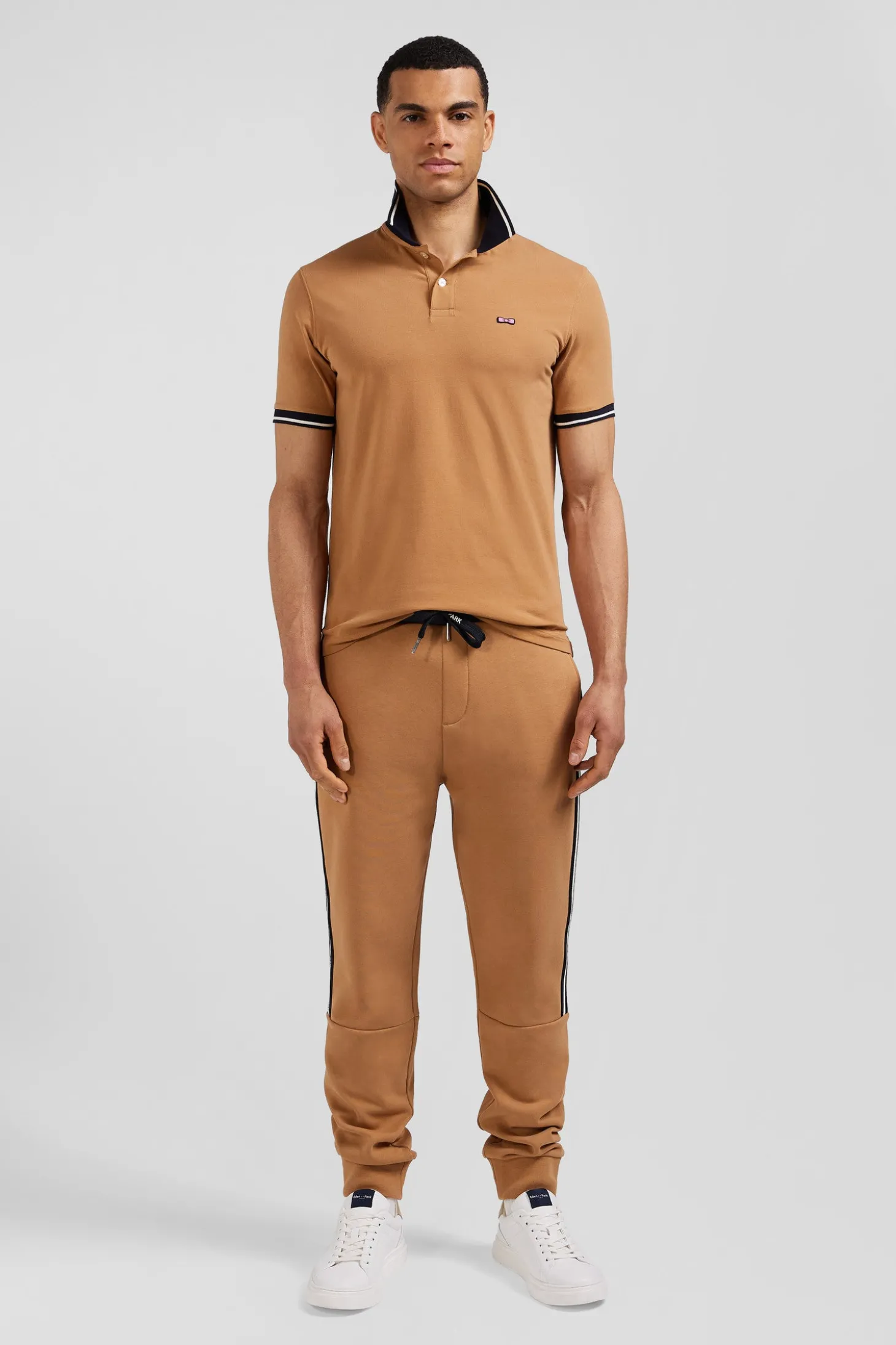 Slim camel short-sleeved stretch cotton polo shirt with Eden Park jacquard collar