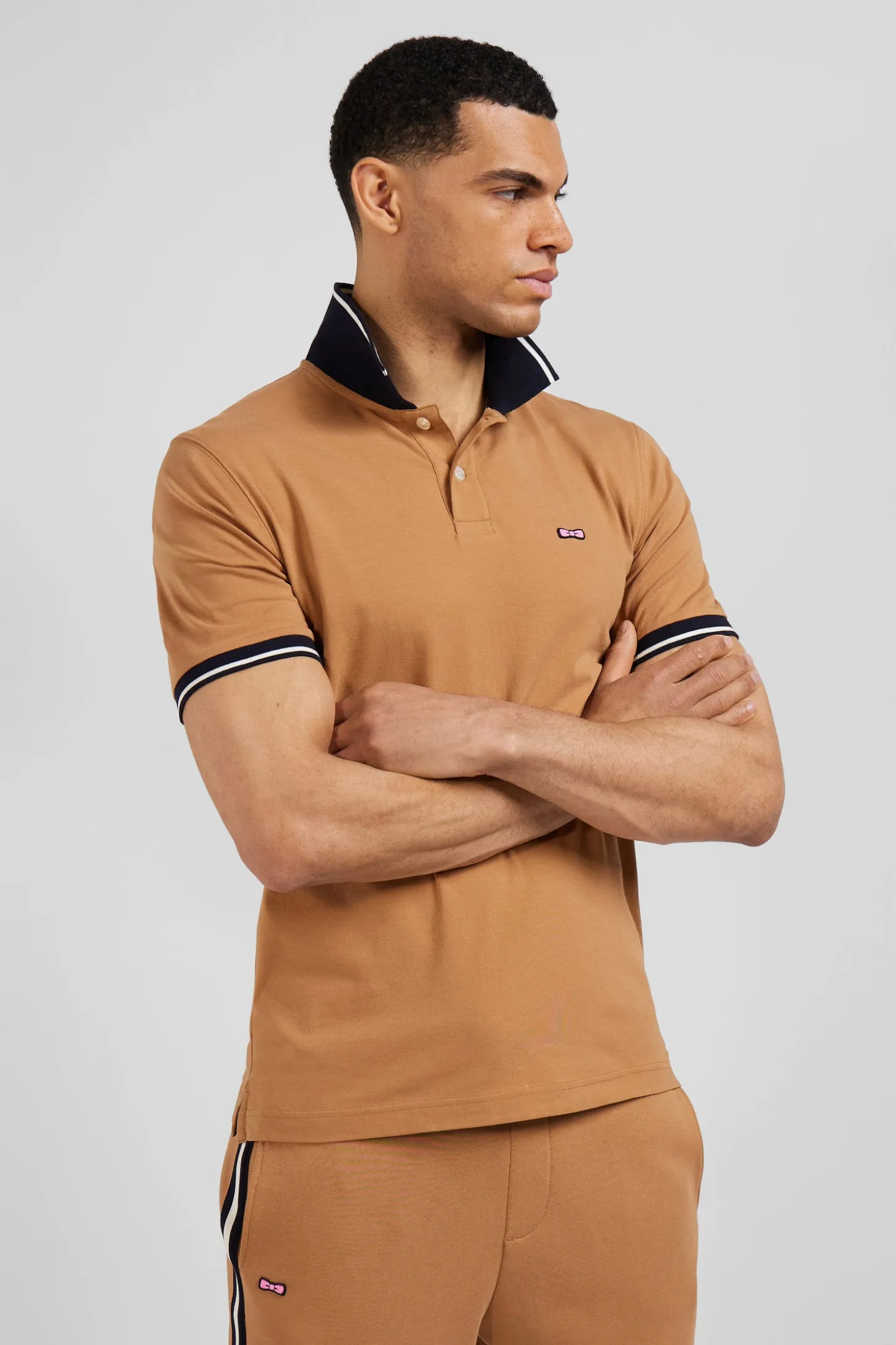 Slim camel short-sleeved stretch cotton polo shirt with Eden Park jacquard collar