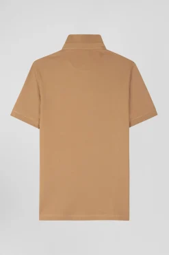 Slim camel short-sleeved stretch cotton polo shirt