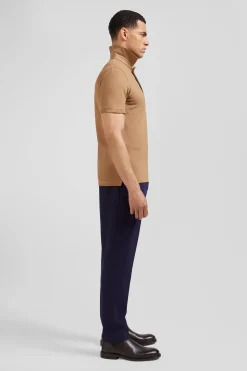 Slim camel short-sleeved stretch cotton polo shirt