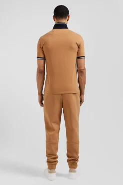 Slim camel short-sleeved stretch cotton polo shirt with Eden Park jacquard collar