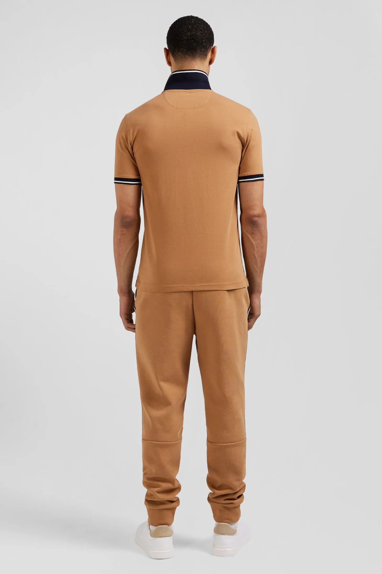 Slim camel short-sleeved stretch cotton polo shirt with Eden Park jacquard collar