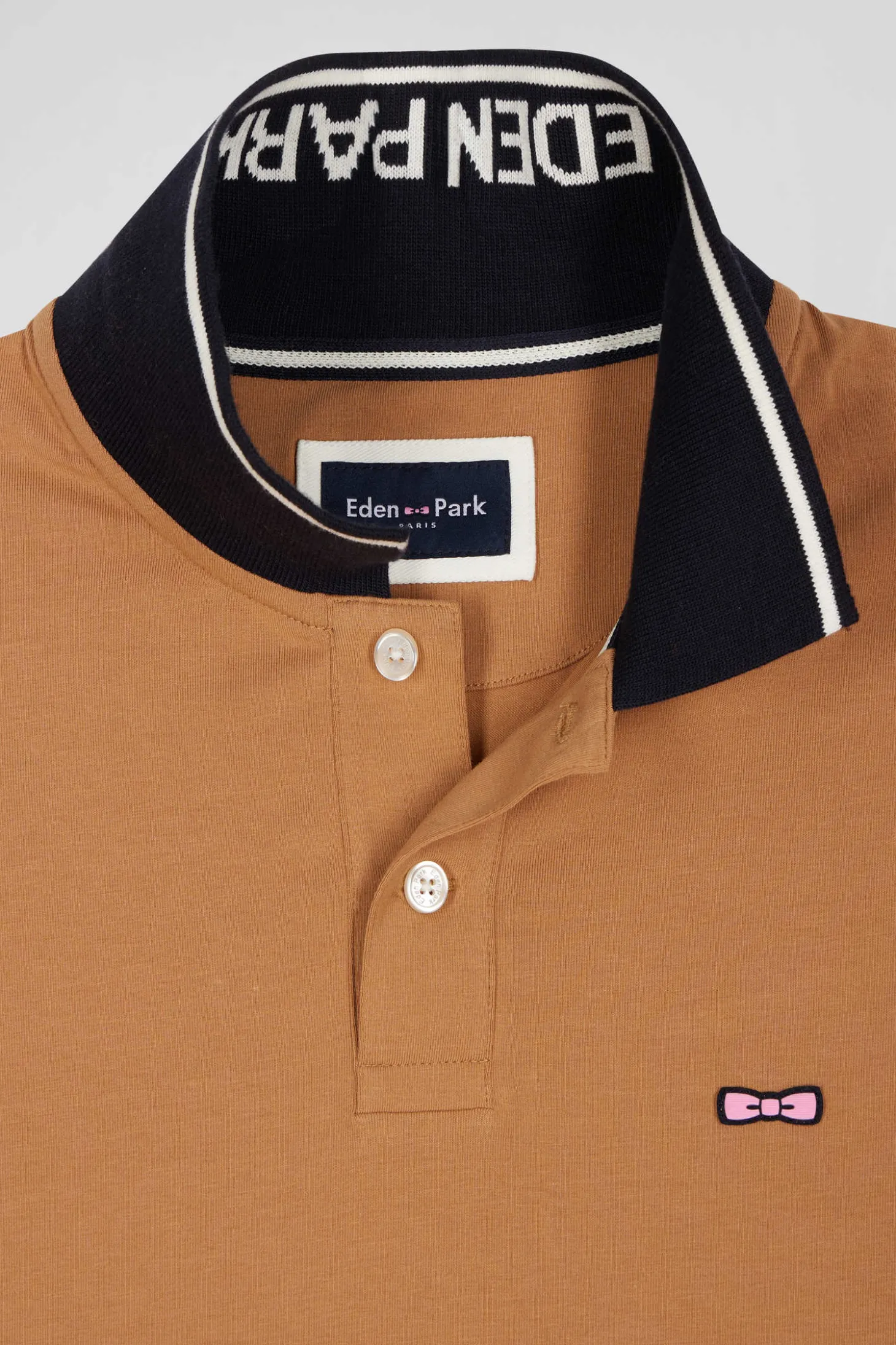 Slim camel short-sleeved stretch cotton polo shirt with Eden Park jacquard collar