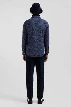 Slim dark blue cotton shirt