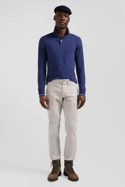 Slim dark blue long-sleeved stretch cotton polo shirt with striped finishes