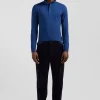 Slim dark blue long-sleeved cotton piqué polo shirt