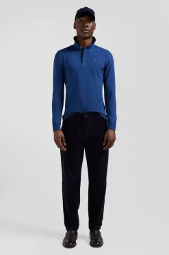 Slim dark blue long-sleeved cotton piqué polo shirt