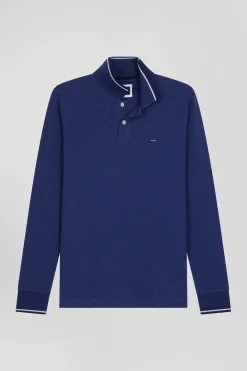 Slim dark blue long-sleeved stretch cotton polo shirt with striped finishes