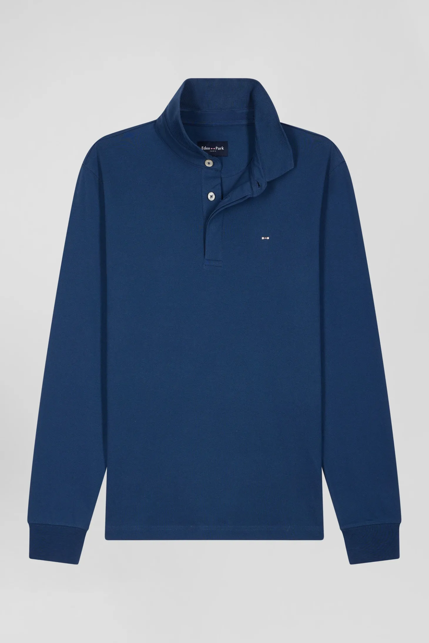 Slim dark blue long-sleeved cotton piqué polo shirt