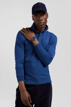 Slim dark blue long-sleeved cotton piqué polo shirt