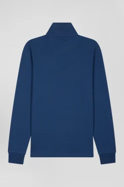 Slim dark blue long-sleeved cotton piqué polo shirt