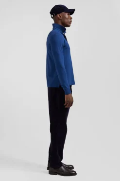 Slim dark blue long-sleeved cotton piqué polo shirt