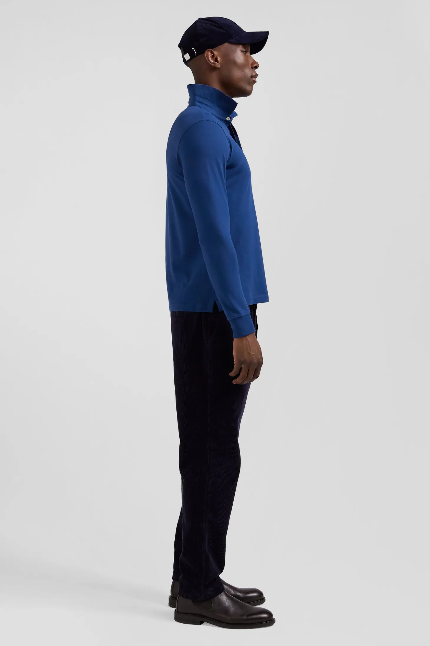 Slim dark blue long-sleeved cotton piqué polo shirt