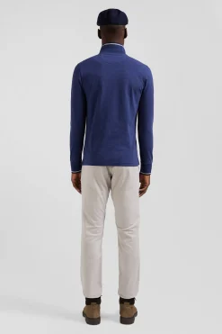 Slim dark blue long-sleeved stretch cotton polo shirt with striped finishes