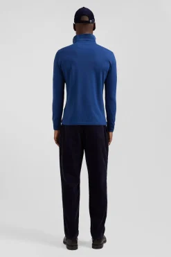 Slim dark blue long-sleeved cotton piqué polo shirt